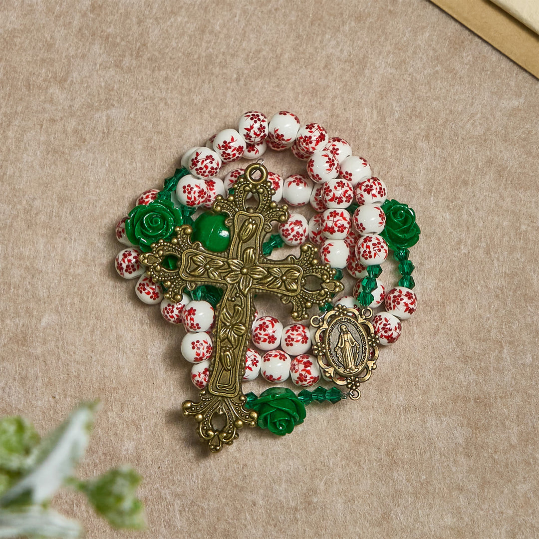 Christianartworkshop Red Floral Ceramic Beads Rosary with Green Rose: The Garden of Mary's Love - image 1