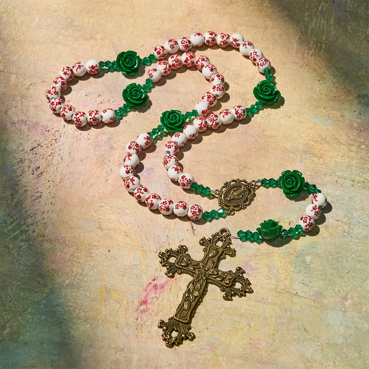 Christianartworkshop Christmas Gift: Red Floral Ceramic Beads Rosary with Green Rose: The Garden of Mary's Love - image 11