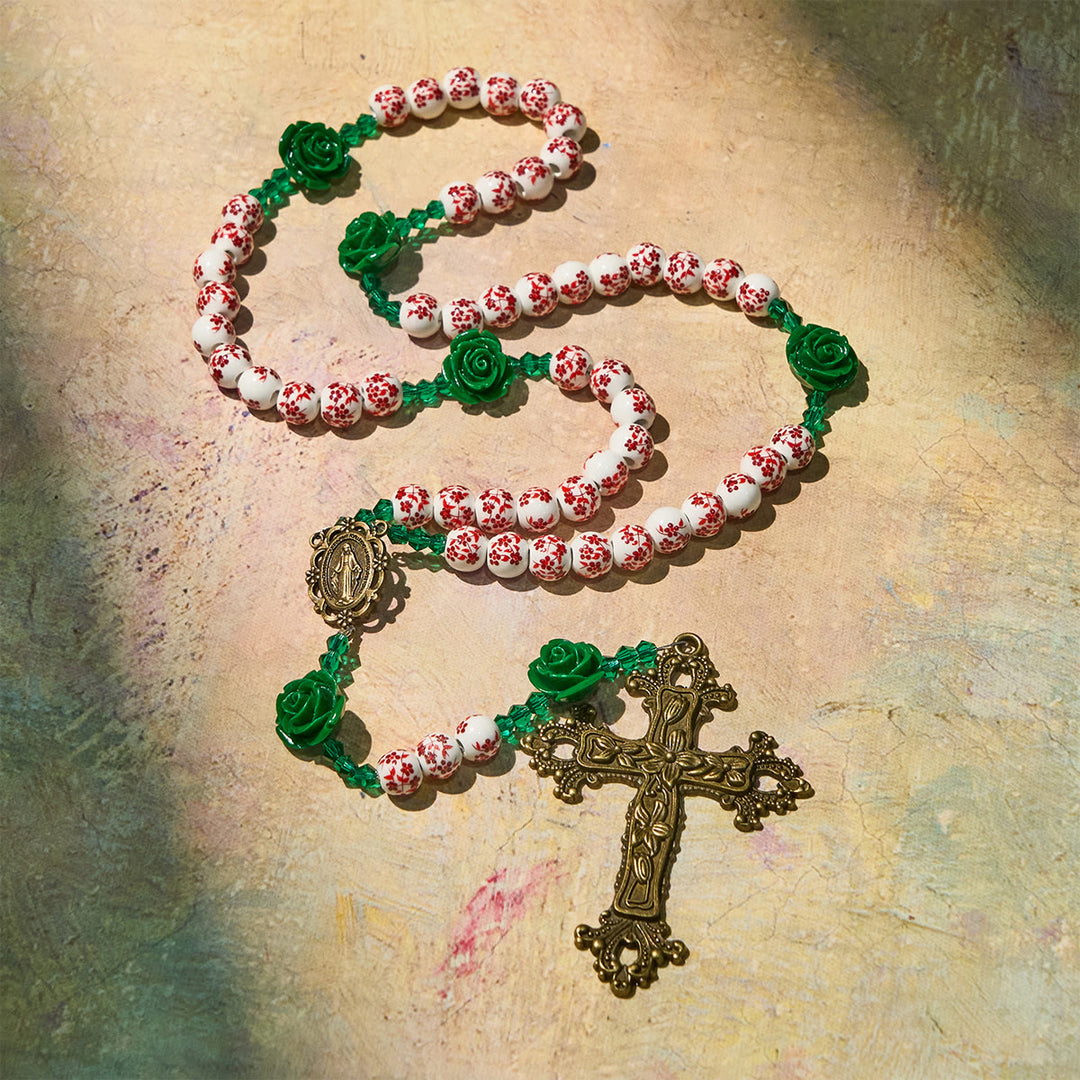 Christianartworkshop Red Floral Ceramic Beads Rosary with Green Rose: The Garden of Mary's Love - image 6