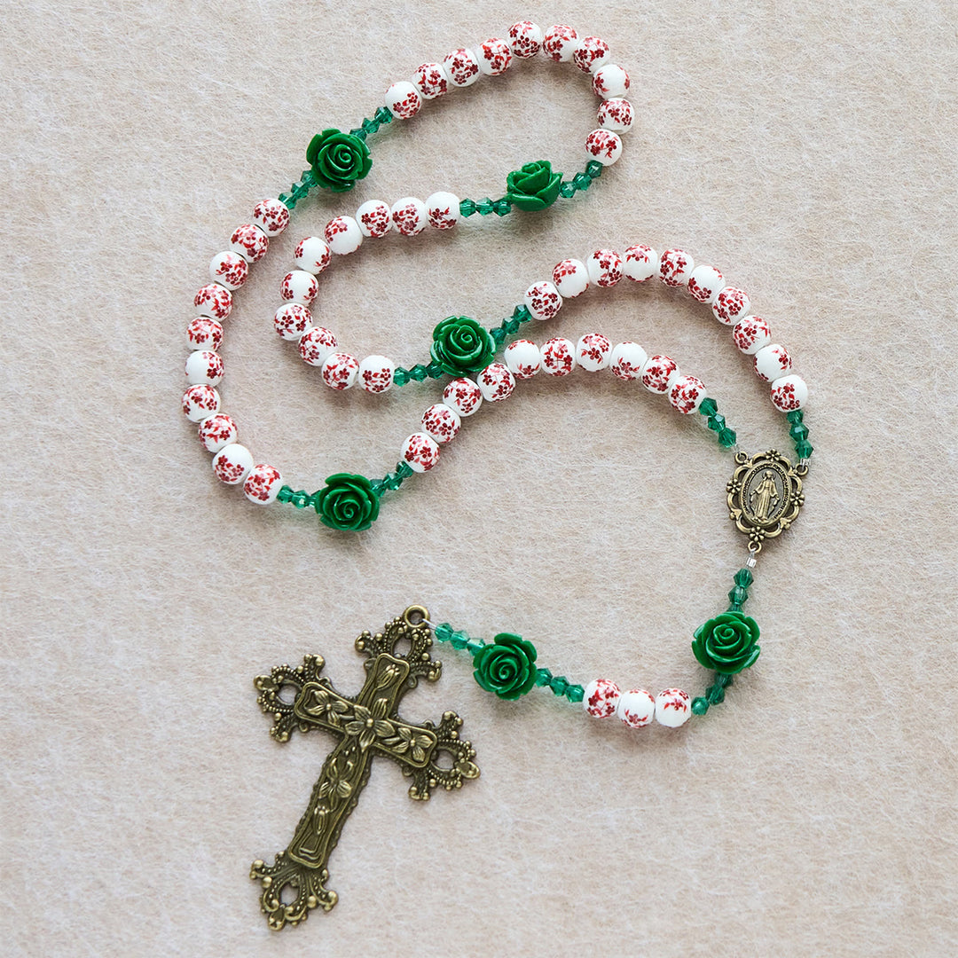 Christianartworkshop Red Floral Ceramic Beads Rosary with Green Rose: The Garden of Mary's Love - image 2
