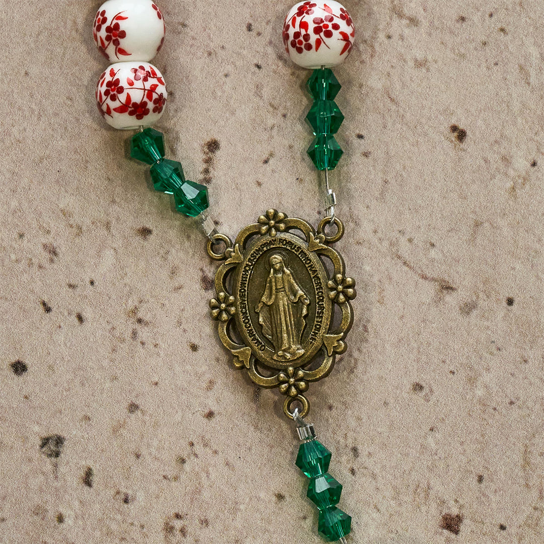 Christianartworkshop Christmas Gift: Red Floral Ceramic Beads Rosary with Green Rose: The Garden of Mary's Love - image 13