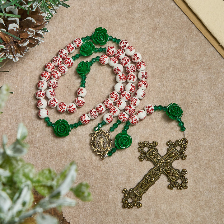 Christianartworkshop Christmas Gift: Red Floral Ceramic Beads Rosary with Green Rose: The Garden of Mary's Love - image 8