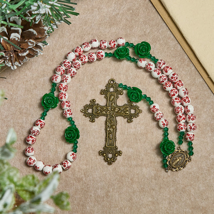 Christianartworkshop Red Floral Ceramic Beads Rosary with Green Rose: The Garden of Mary's Love - image 5