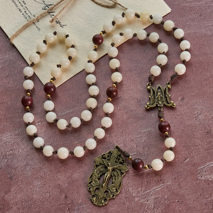 Christianartworkshop White Bodhi & Brown Wood Sacred Harmony Rosary with Antique Our Lady - image 5