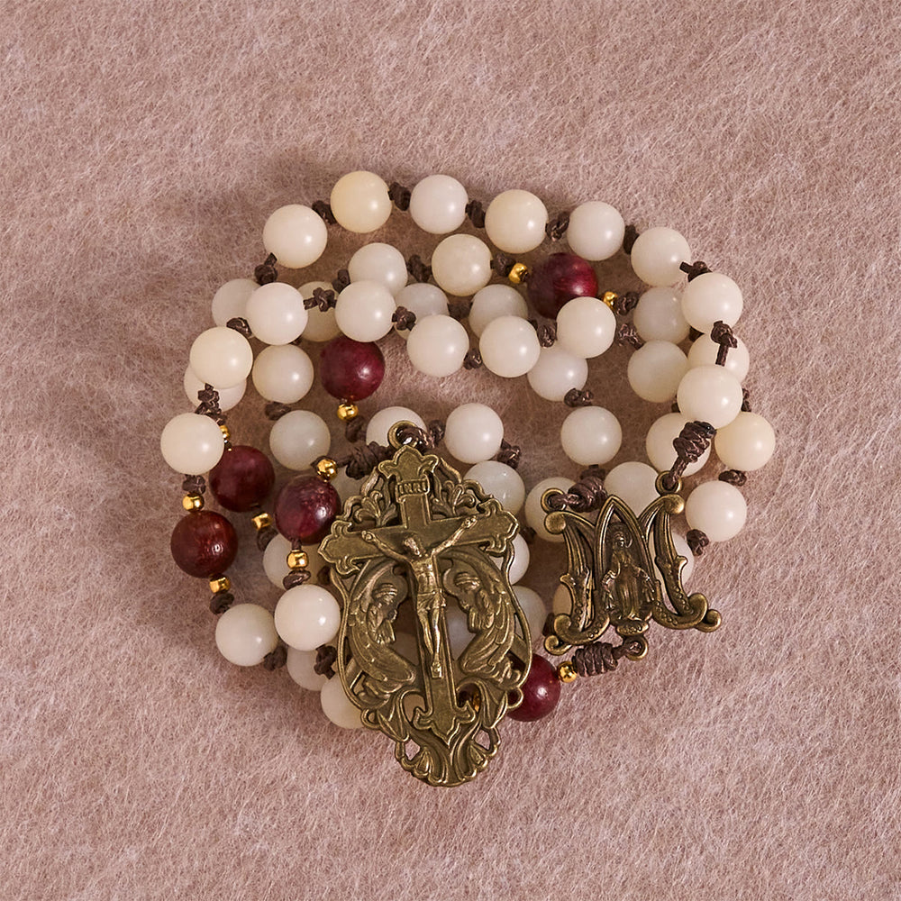 Christianartworkshop White Bodhi & Brown Wood Sacred Harmony Rosary with Antique Our Lady - image 1