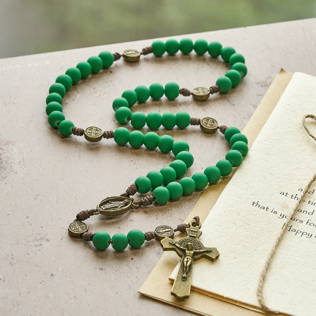 Christianartworkshop Matte Green Rubber Beads Rosary with St. Benedict Protection - image 1