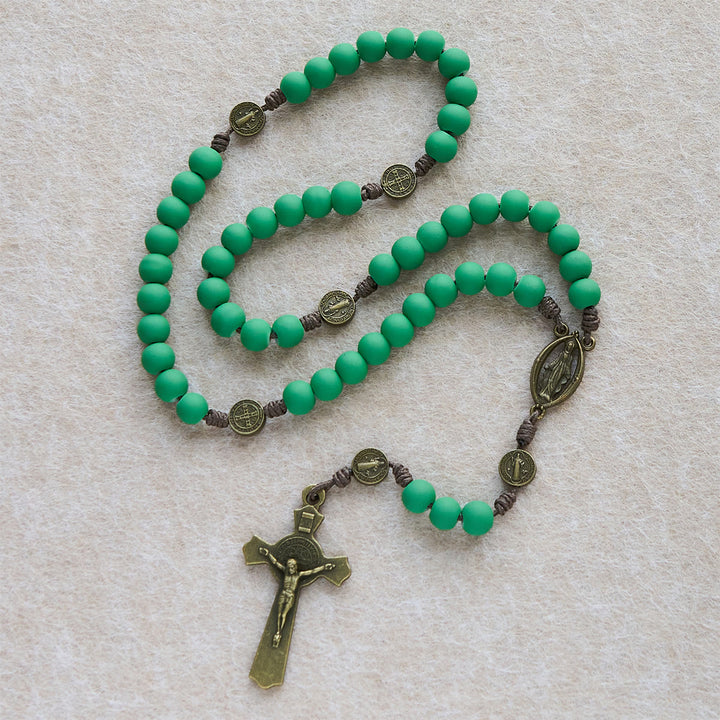 Christianartworkshop Matte Green Rubber Beads Rosary with St. Benedict Protection - St. Benedict & Our Lady - image 0