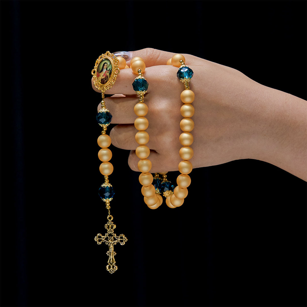 Christianartworkshop Elegant Matte Golden Pearl Rosary with St. Therese and Crucifix - image 2