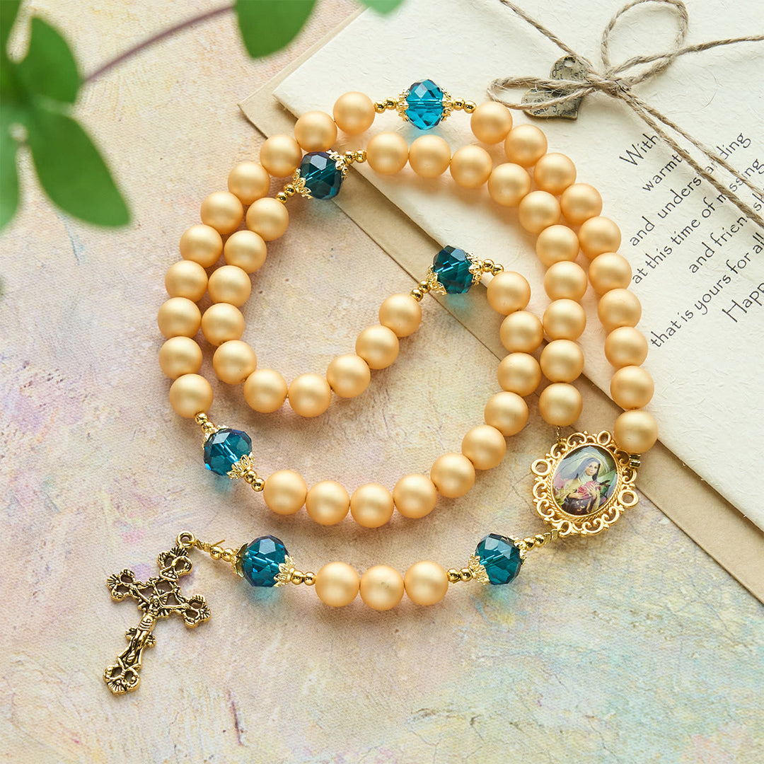 Christianartworkshop Elegant Matte Golden Pearl Rosary with St. Therese and Crucifix - St. Therese & Crucifix - image 0