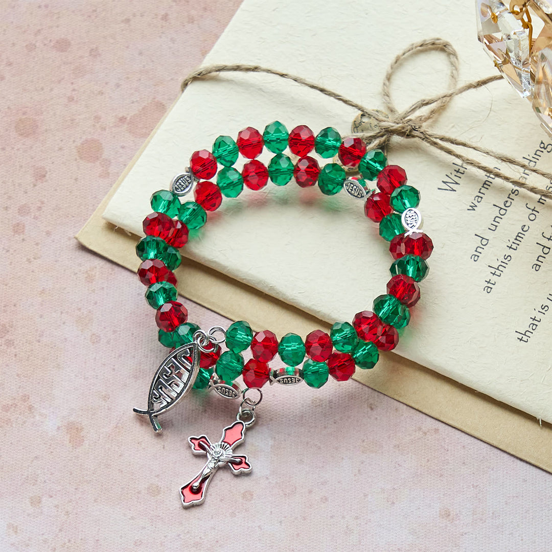 Christianartworkshop Faith Red & Green Memory Wire Rosary Bracelet with JESUS Fish & Crucifix - Wrist Circumference: 7.09"-9.06"/18-23cm - image 0