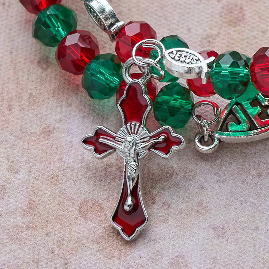 Christianartworkshop Faith Red & Green Memory Wire Rosary Bracelet with JESUS Fish & Crucifix - image 4