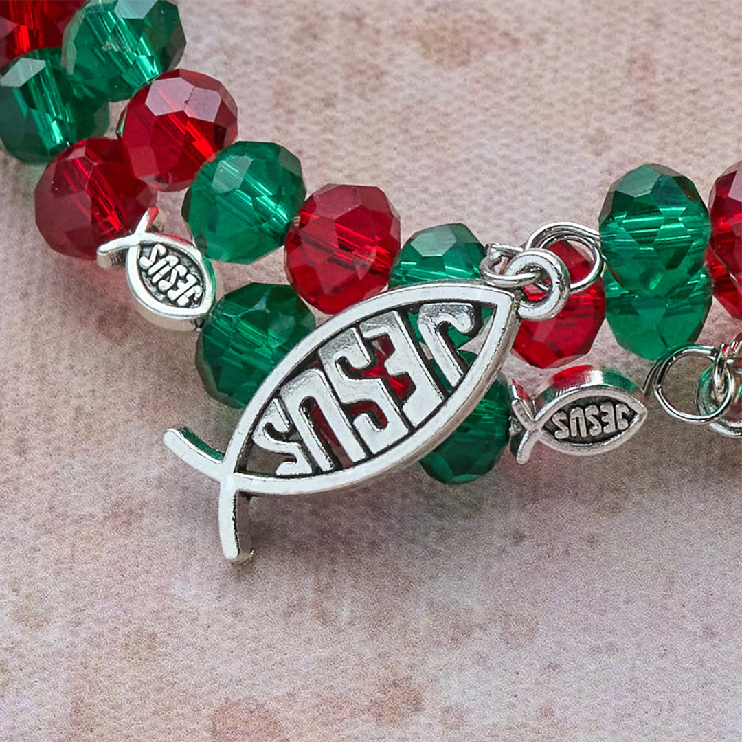 Christianartworkshop Faith Red & Green Memory Wire Rosary Bracelet with JESUS Fish & Crucifix - image 3