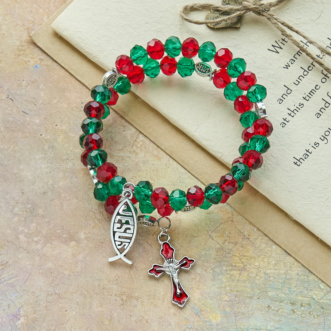 Christianartworkshop Faith Red & Green Memory Wire Rosary Bracelet with JESUS Fish & Crucifix - image 2