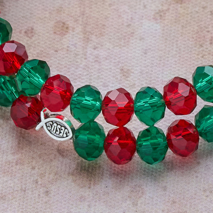 Christianartworkshop Faith Red & Green Memory Wire Rosary Bracelet with JESUS Fish & Crucifix - image 5