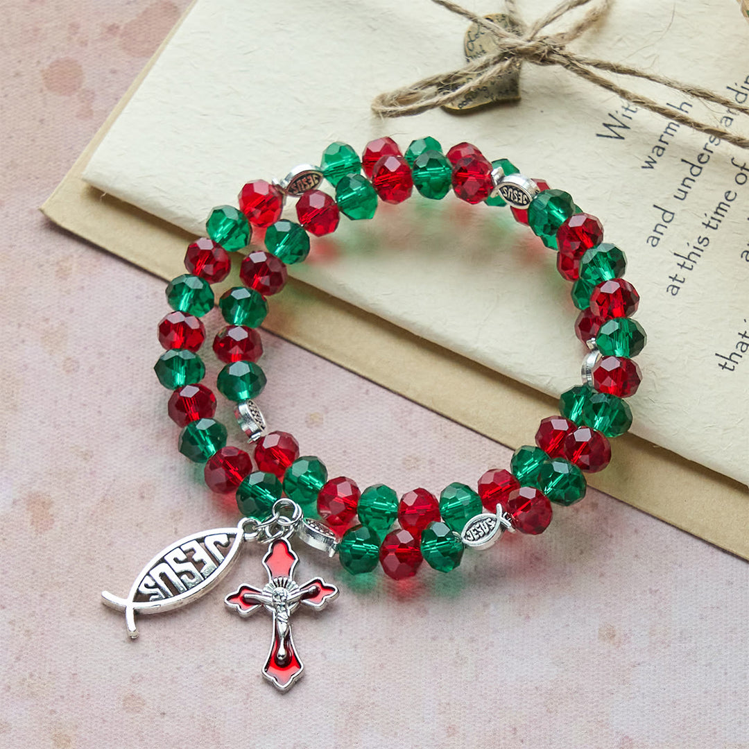 Christianartworkshop Faith Red & Green Memory Wire Rosary Bracelet with JESUS Fish & Crucifix - image 1