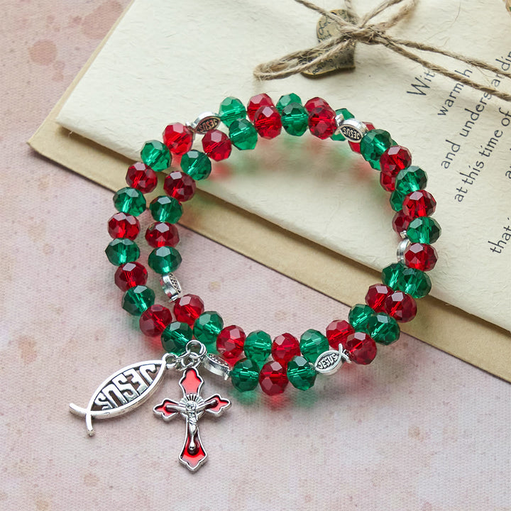 Christianartworkshop Faith Red & Green Memory Wire Rosary Bracelet with JESUS Fish & Crucifix - image 1