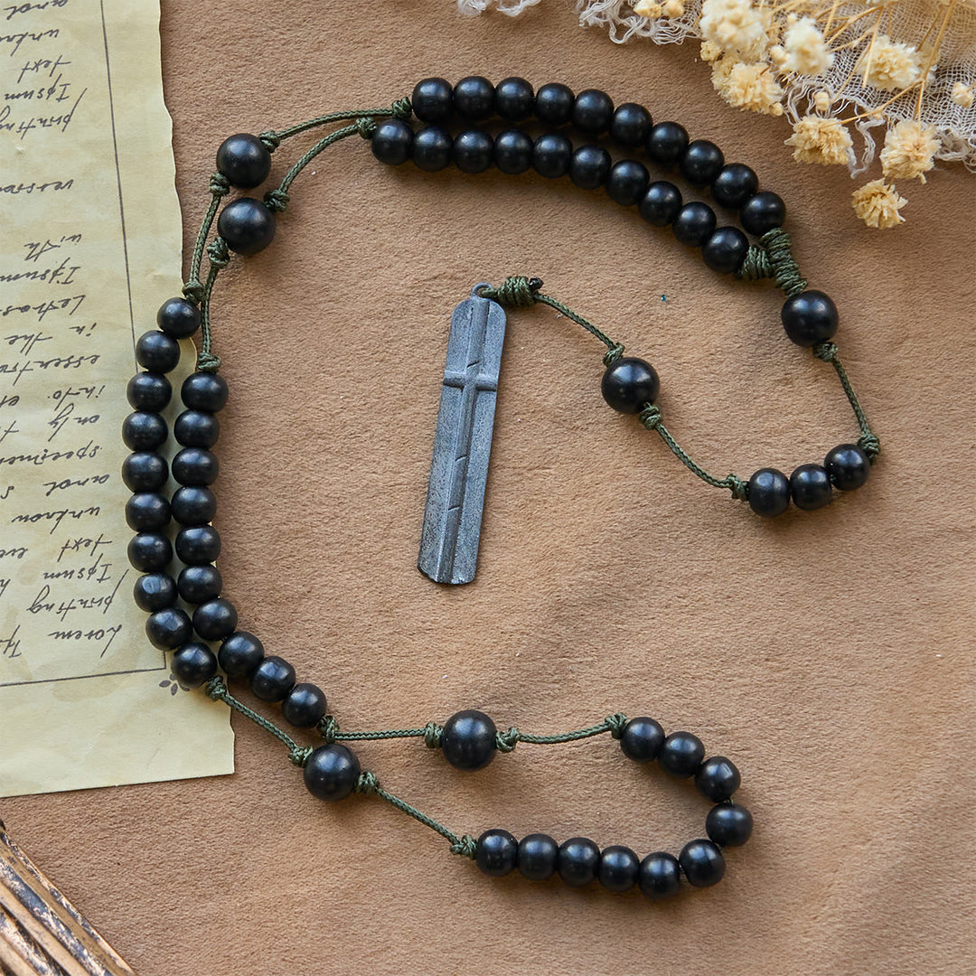 Christianartworkshop Rustic-Contemporary Cross of 7 mm Round Natural Wood Beads Rope Weaving Chain Rosary - image 2