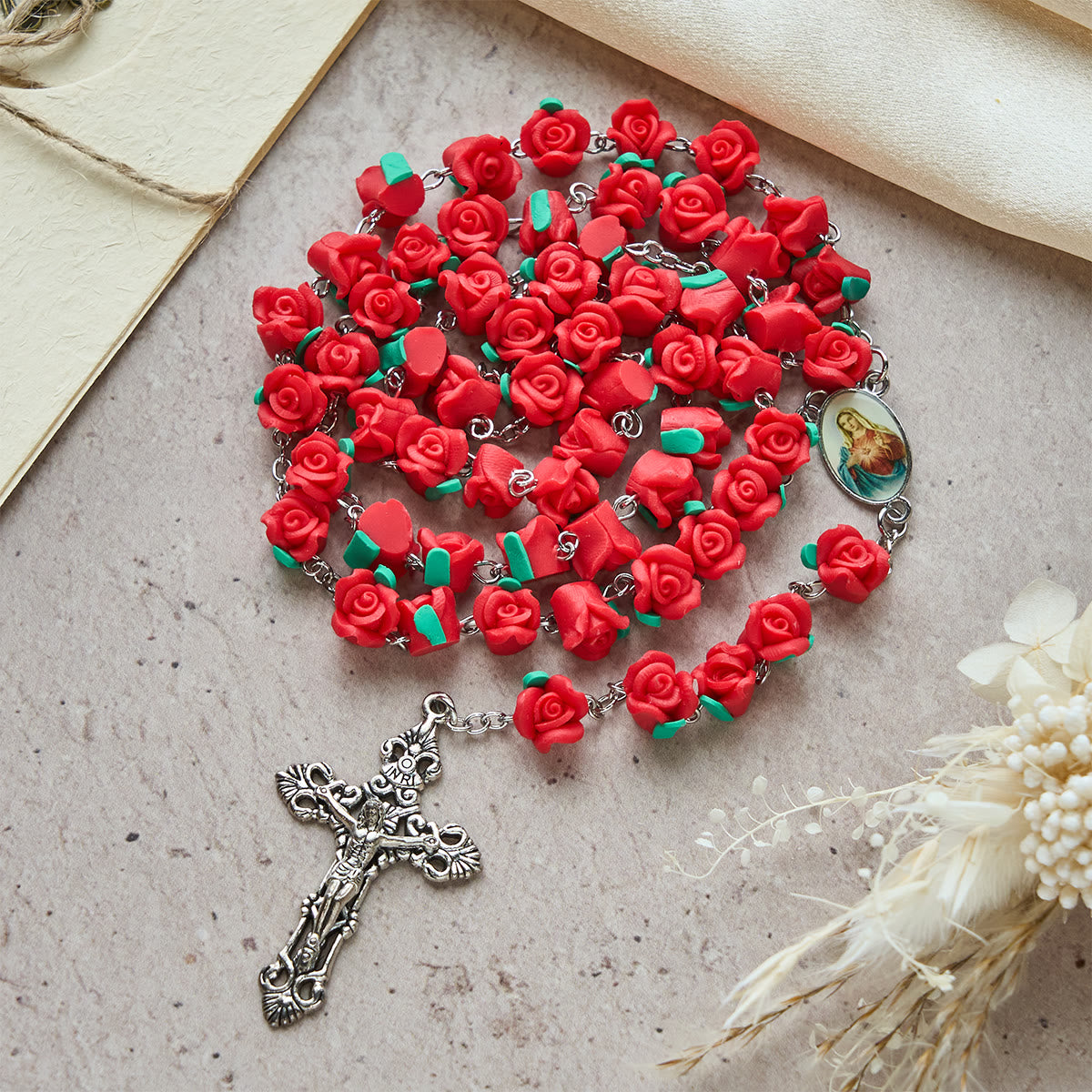 健康アクセサリー ROSE Handmade Soft Clay Rose Rosary - Five-Decade Floral Rosary with