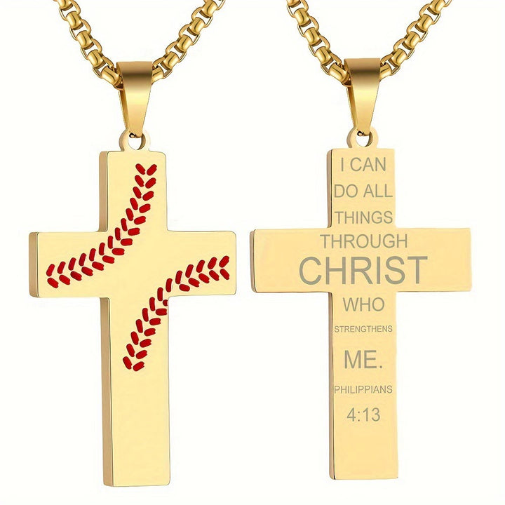 Christianartworkshop Baseball Stitch Cross Necklace: Athletic Devotion & Inspirational Quote - Golden - Phinippians 4:13 - image 33