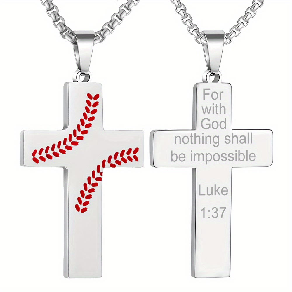 Christianartworkshop Baseball Stitch Cross Necklace: Athletic Devotion & Inspirational Quote - Silver - Luke 1:37 - image 8