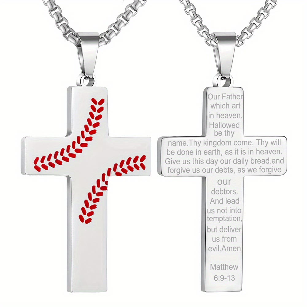 Christianartworkshop Baseball Stitch Cross Necklace: Athletic Devotion & Inspirational Quote - Silver - Matthew 6:9-13 - image 11