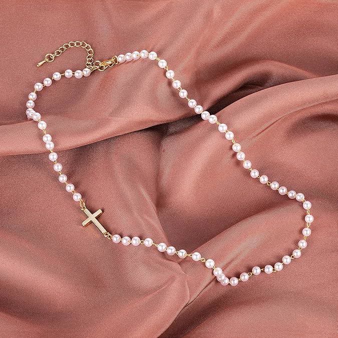 Christianartworkshop White Beads with Cross Necklace: Elegant Devotion & Faithful Grace - Golden - image 0