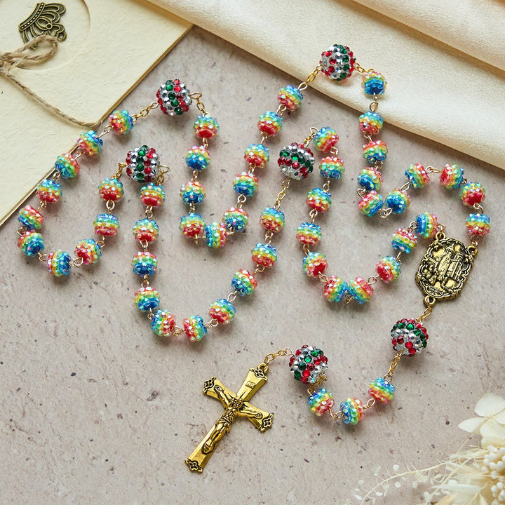 Christianartworkshop Christmas Rainbow Beads Rosary with Golden Cross: Devotion & Vibrant Faith - Christmas Rainbow Beads Rosary - image 0