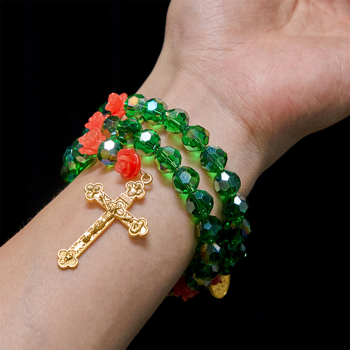 Christianartworkshop Green Crystal & Rose Rosary Bracelet: Devotion & Floral Grace - image 1