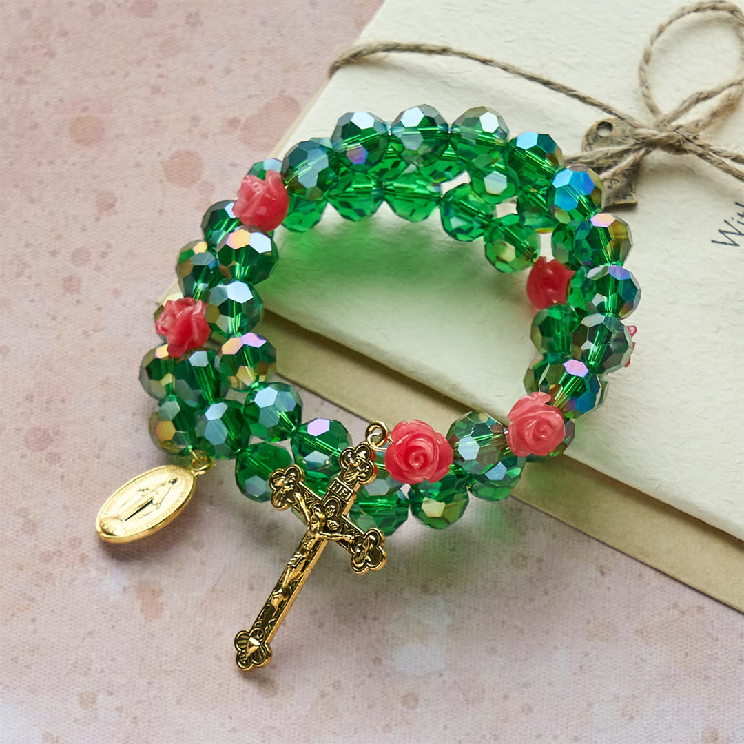 Christianartworkshop Green Crystal & Rose Rosary Bracelet: Devotion & Floral Grace - image 2