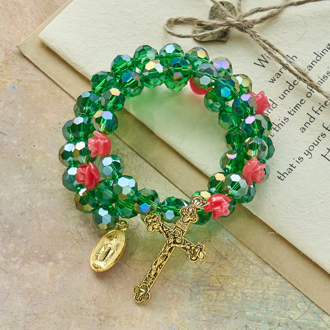 Christianartworkshop Green Crystal & Rose Rosary Bracelet: Devotion & Floral Grace - image 3