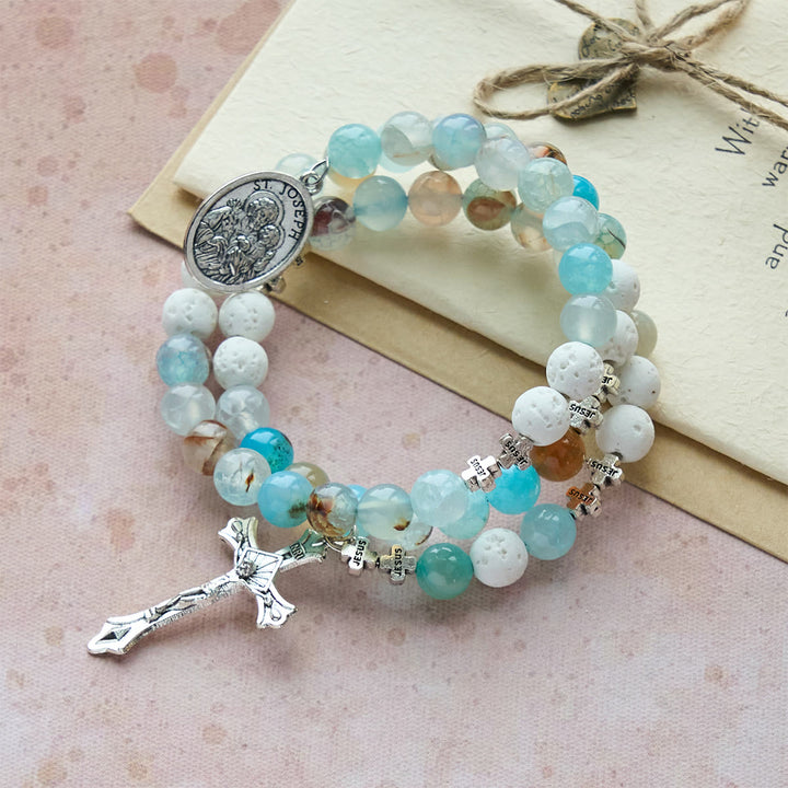 Christianartworkshop Gypsum & Blue Vein Agate Rosary Bracelet: Devotion & Heavenly Serenity - image 2