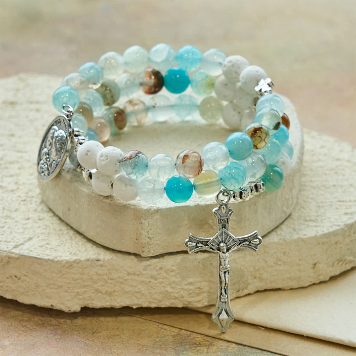 Christianartworkshop Gypsum & Blue Vein Agate Rosary Bracelet: Devotion & Heavenly Serenity - Wrist Circumference: 7.09"-9.45"/18-24cm - image 0