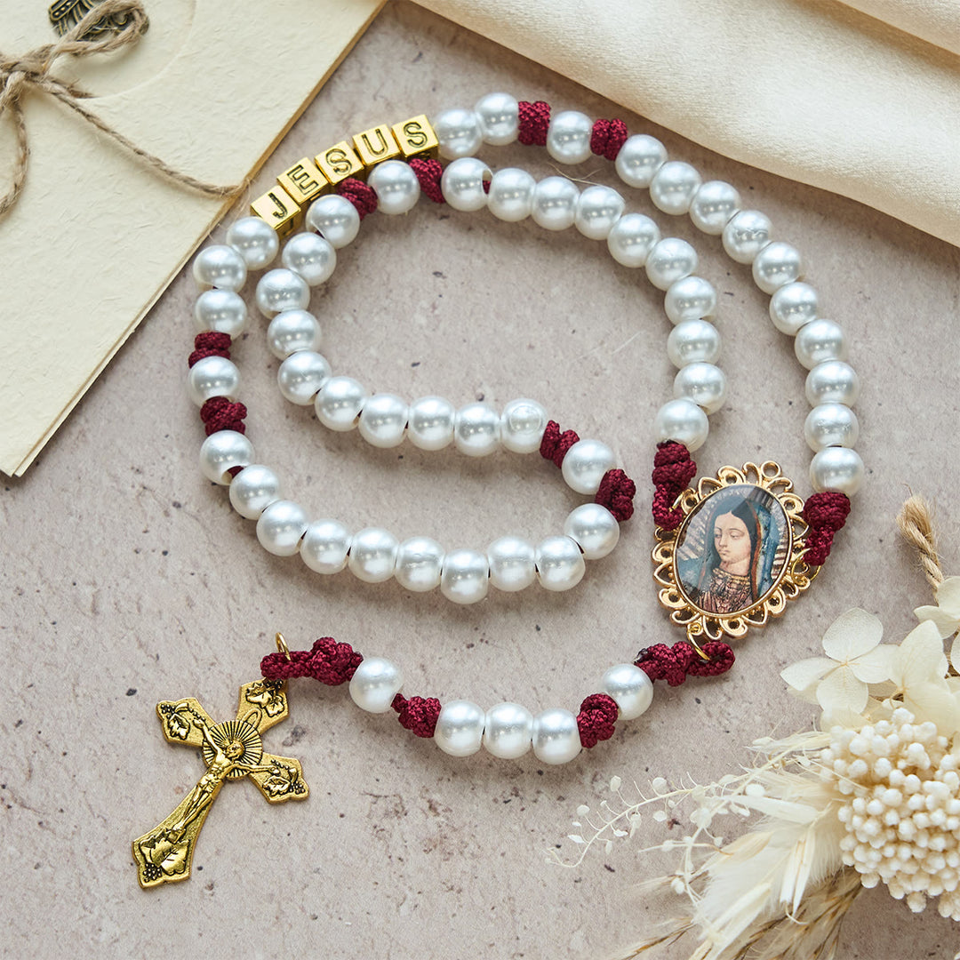 Christianartworkshop Graceful White Custom Rosary with Burgundy Paracord & Personalized JESUS Letters - JESUS (No Custom) - image 0