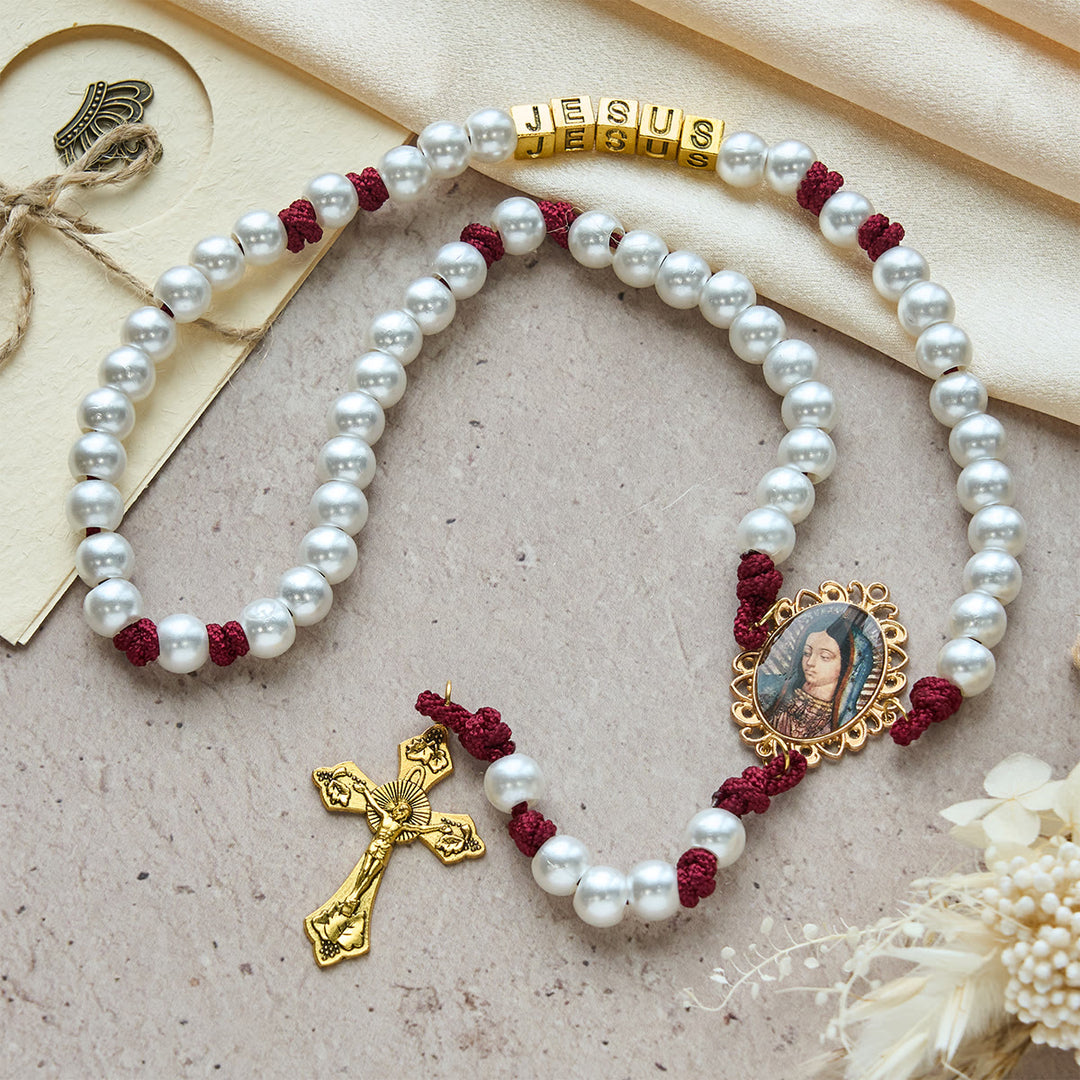 Christianartworkshop Graceful White Custom Rosary with Burgundy Paracord & Personalized JESUS Letters - image 4