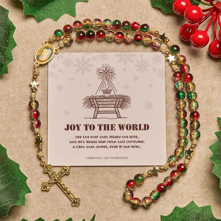 Christianartworkshop Christmas Gift: Christmas Glass Bead Rosary: Our Lady of Guadalupe Medal & Golden Crucifix - Joy To The World - image 0