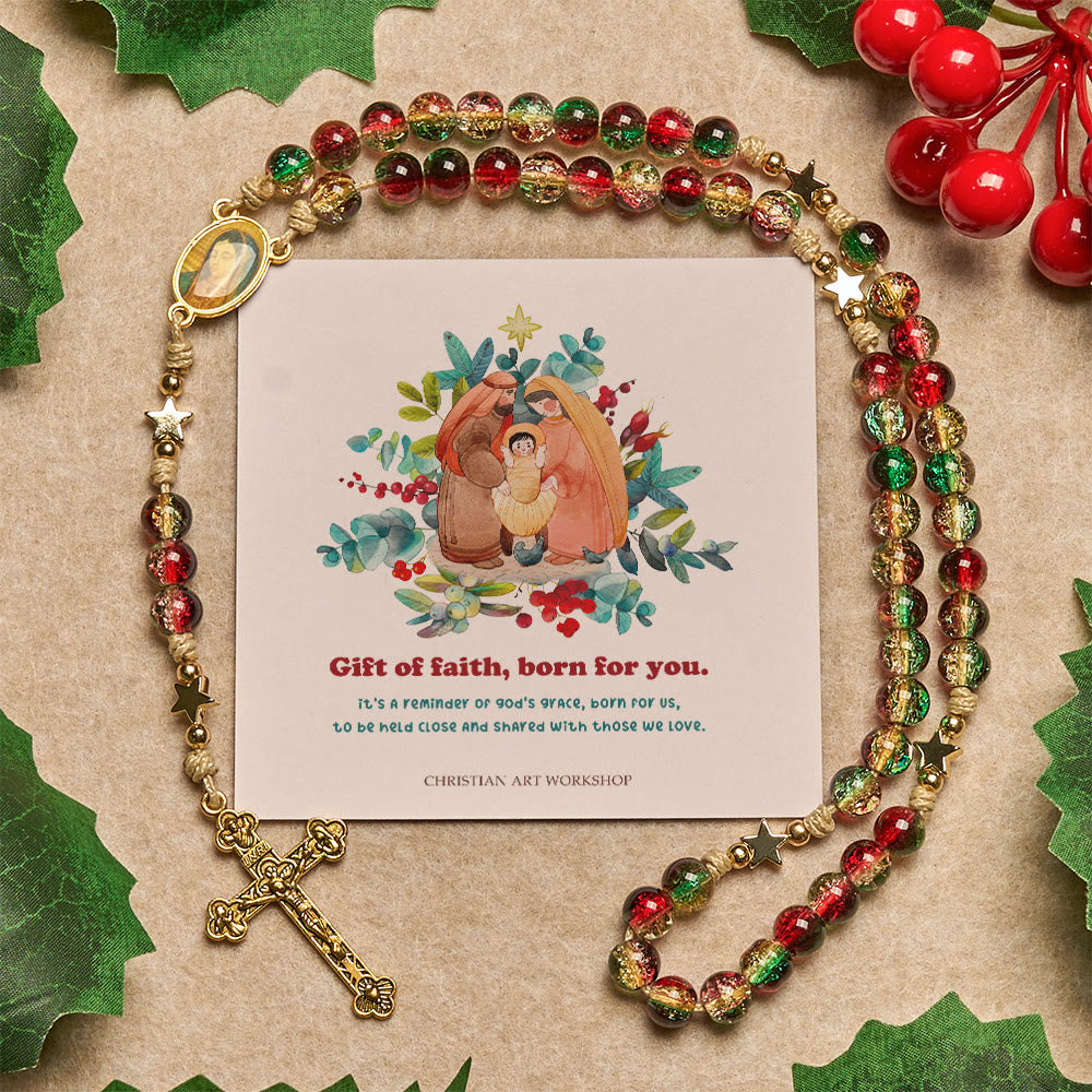 Christianartworkshop Christmas Gift: Christmas Glass Bead Rosary: Our Lady of Guadalupe Medal & Golden Crucifix - Gift of Faith Born for You - image 3
