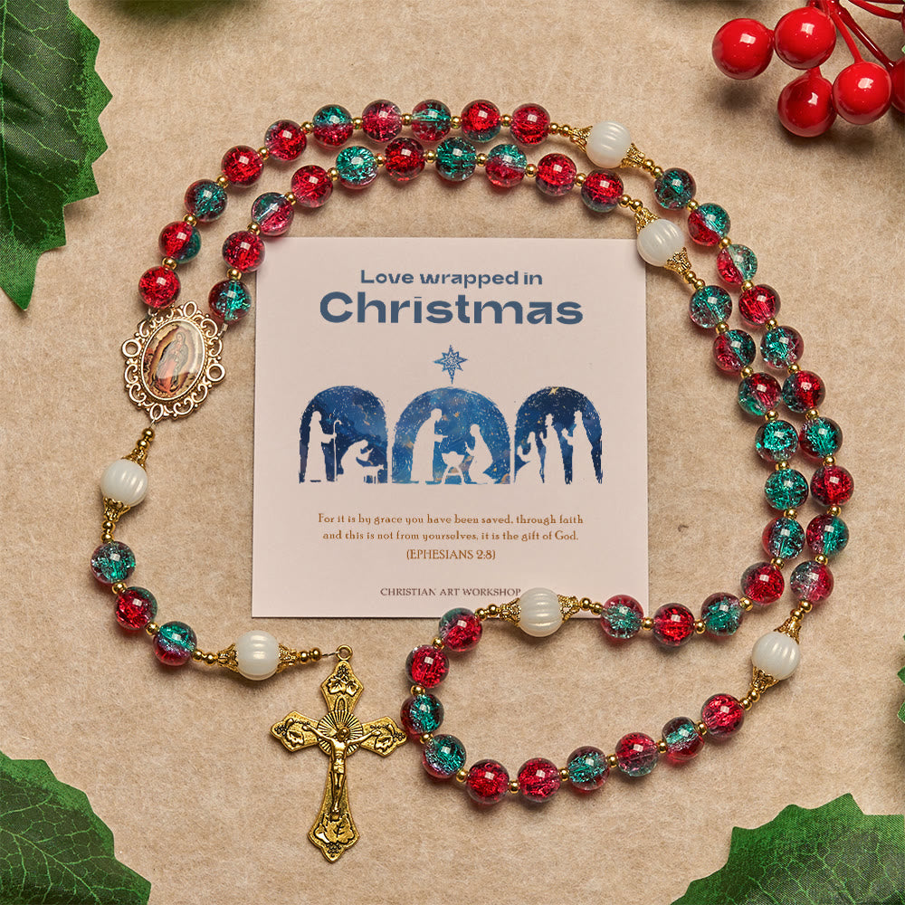 Christianartworkshop Christmas Gift: Christmas Red-Blue Glass Bead Rosary: Our Lady Medal & Ornate Cross - Love Wrapped in Christmas - image 1
