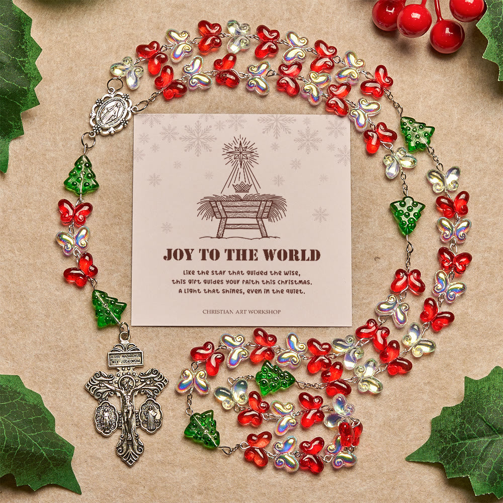 Christianartworkshop Christmas Gift: Blessed Christmas Tree Rosary with Crystal Butterfly Beads - Joy To The World - image 1