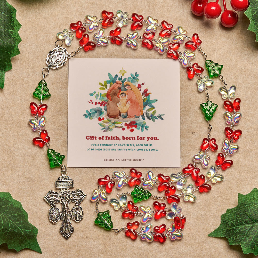 Christianartworkshop Christmas Gift: Blessed Christmas Tree Rosary with Crystal Butterfly Beads - Gift of Faith Born for You - image 3