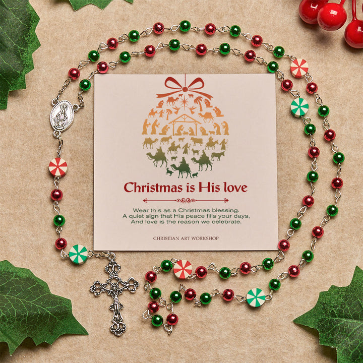 Christianartworkshop Christmas Gift: Festive Christmas Rosary: Red - Green Beads, Candy Shapes & Crucifix - Christmas is His Love - image 0