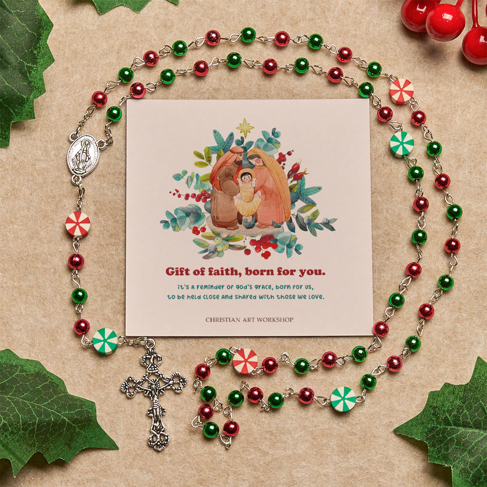 Christianartworkshop Christmas Gift: Festive Christmas Rosary: Red - Green Beads, Candy Shapes & Crucifix - Gift of Faith Born for You - image 3
