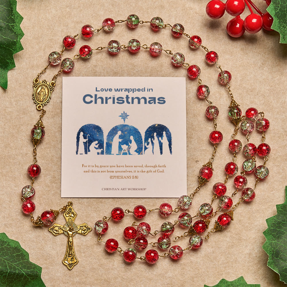 Christianartworkshop Christmas Gift: Christmas - Themed Red Bead Rosary with Golden Crucifix & Madonna Medal - Love Wrapped in Christmas - image 1