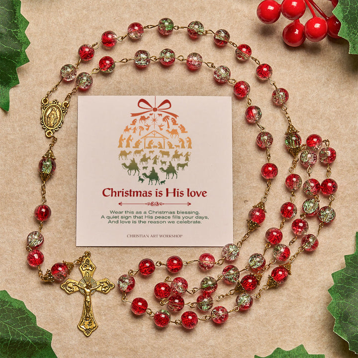 Christianartworkshop Christmas Gift: Christmas - Themed Red Bead Rosary with Golden Crucifix & Madonna Medal - Christmas is His Love - image 3