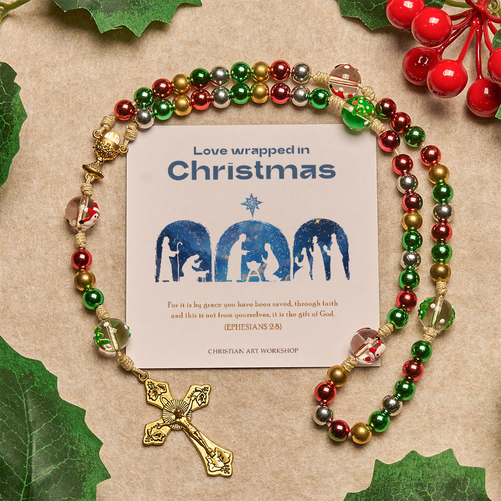 Christianartworkshop Christmas Gift: Christmas Atmosphere Rosary: Colorful Beads & Ornate Golden Crucifix - Love Wrapped in Christmas - image 0