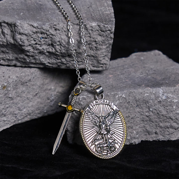 Christianartworkshop Two Tone Sword & Oval Shield St. Michael Pendant Necklace - image 6