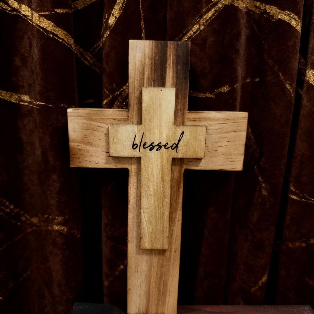 Christianartworkshop Layered Wooden Cross with Blessed: Embody Faith & Divine Grace in Home Decor - image 1