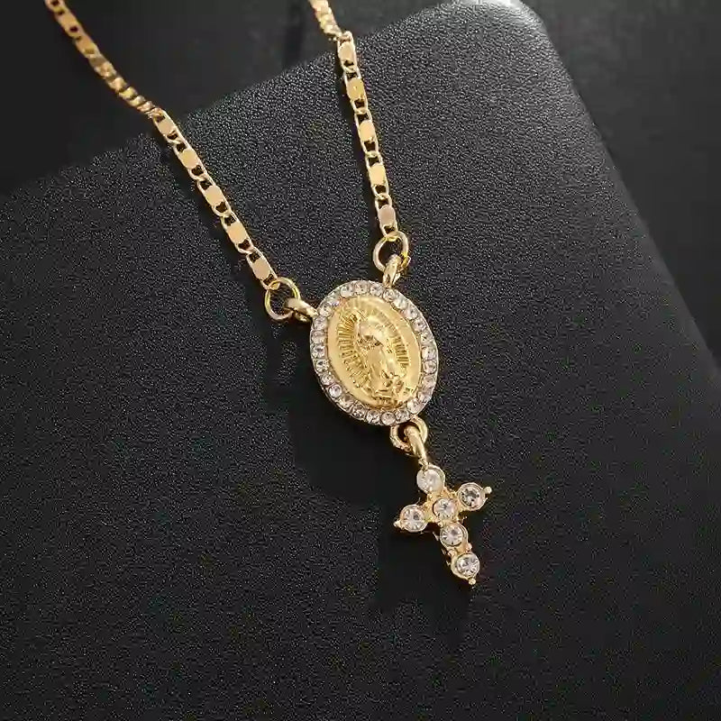 Christianartworkshop Our Lady & Cross Pendant Necklace: Divine Devotion & Timeless Elegance - Golden - image 1
