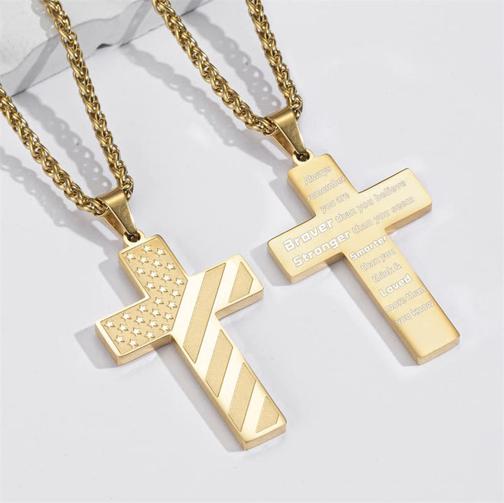 Christianartworkshop Tri-Color Cross Necklace with American Flag & Scripture: A Patriotic Expression - Golden - Always remember - image 29