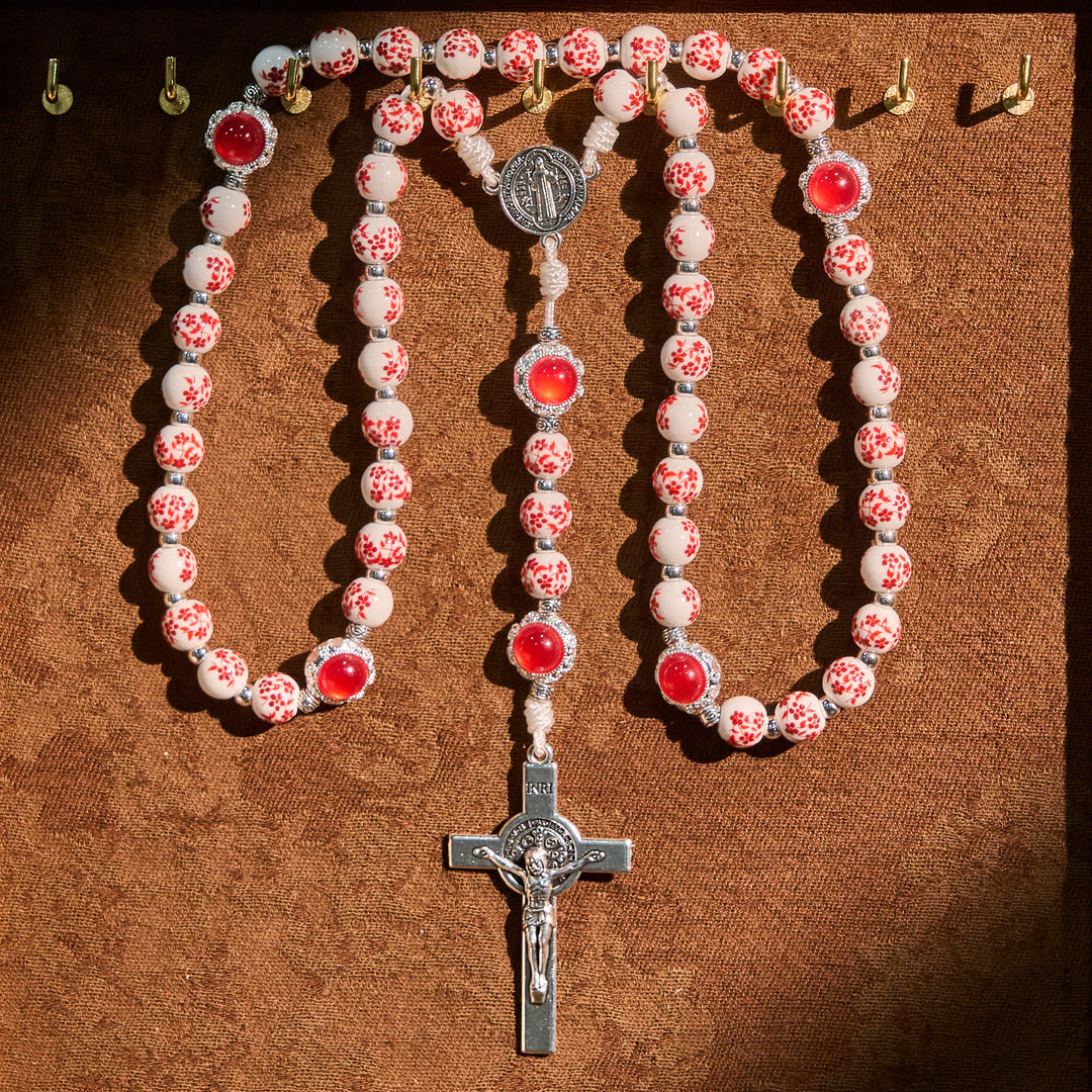 Christianartworkshop Floral Porcelain & Cat's Eye Rosary: Devotion in Detail & Prayerful Connection - St. Benedict & Crucifix - image 0