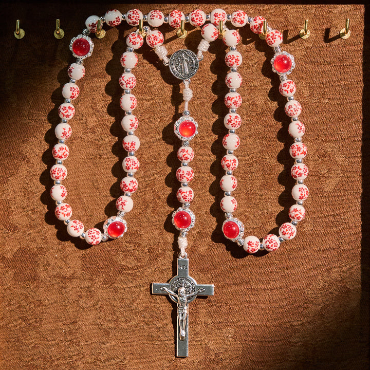 Christianartworkshop Floral Porcelain & Cat's Eye Rosary: Devotion in Detail & Prayerful Connection - St. Benedict & Crucifix - image 0